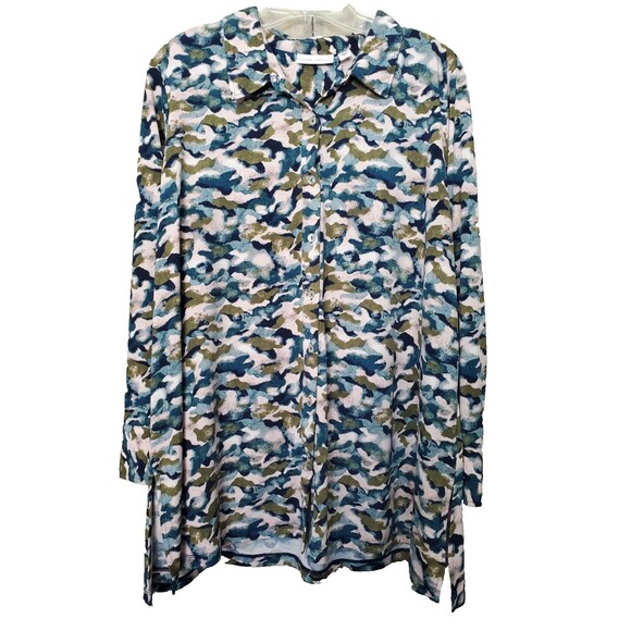 Susan Graver Petite Printed LiquidKnit Button-Up Long Sleeve Tunic Size PXL - Picture 1 of 6